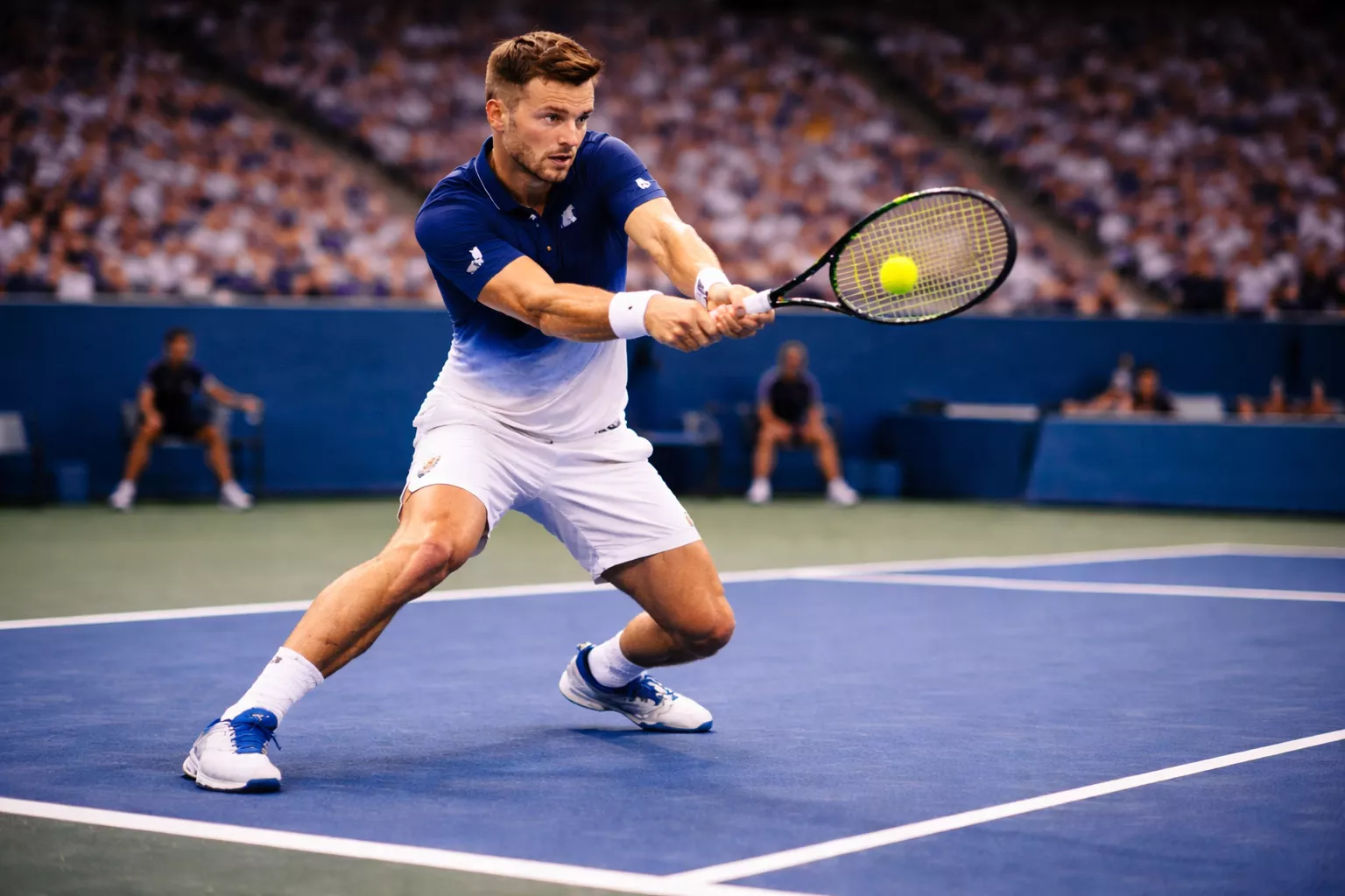 Professioneller Tennisspieler bei einem ATP Tour Match auf Hartplatz