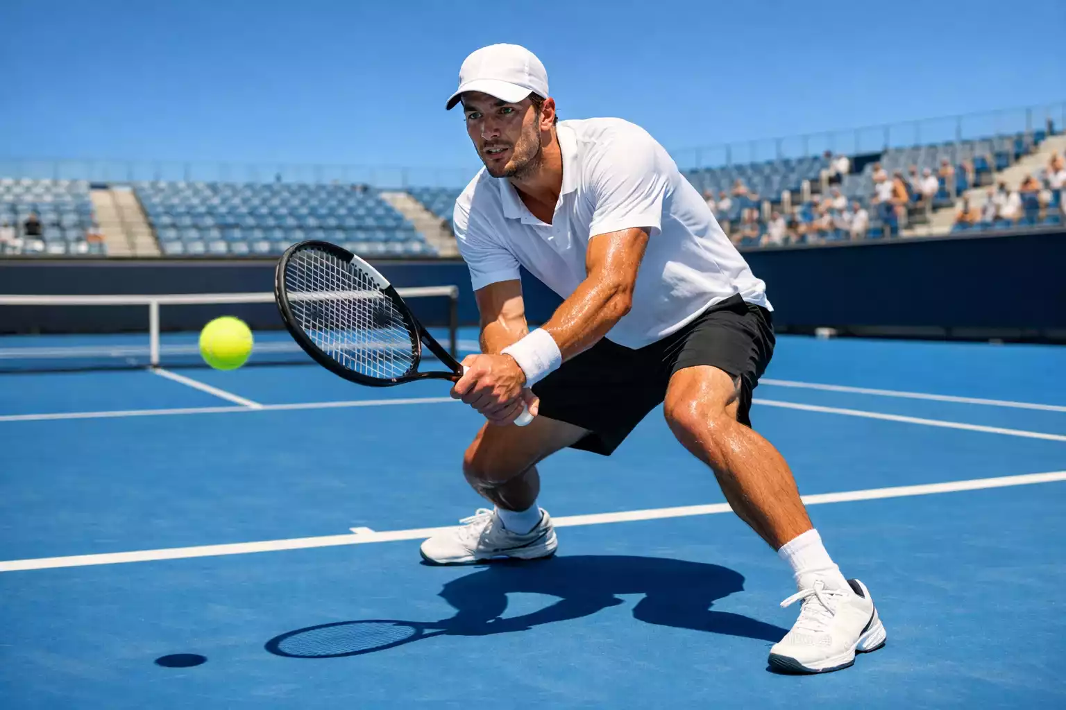 Tennisspieler unter intensiver Sonne auf dem Hartplatz der Australian Open