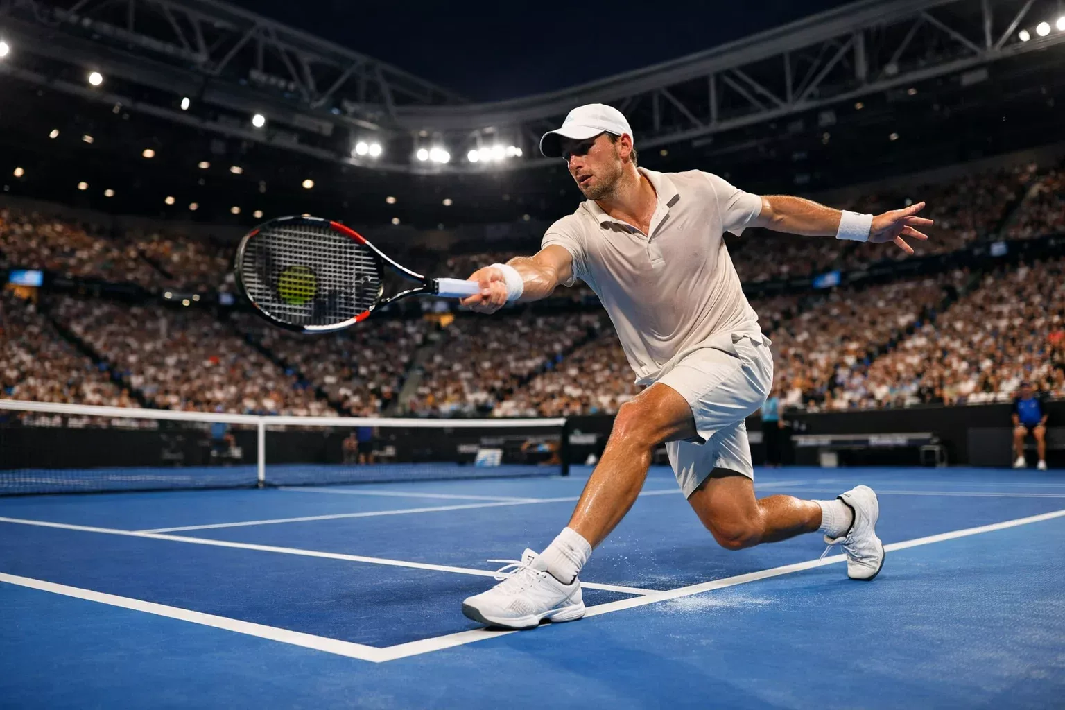 Tennisspieler bei den Australian Open unter der Flutlichtanlage in Melbourne