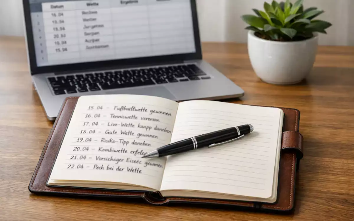 Ordentlich organisierter Schreibtisch mit Notizbuch für Wett-Tracking und Laptop