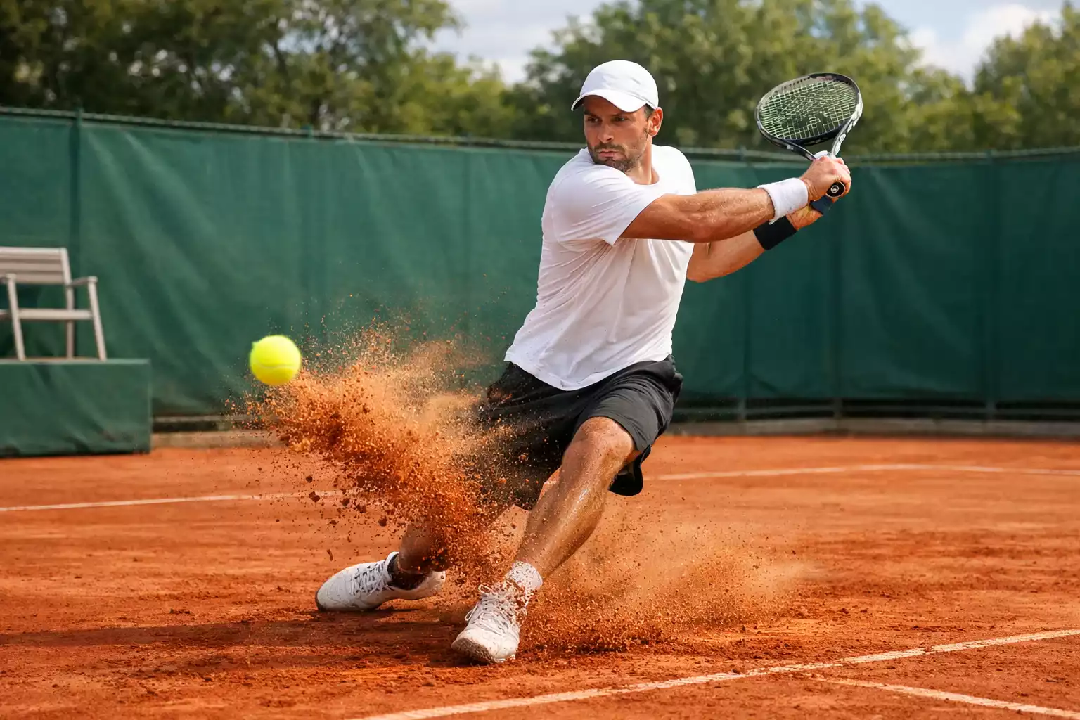 Tennisspieler schlägt Vorhand auf dem roten Sandplatz von Roland Garros