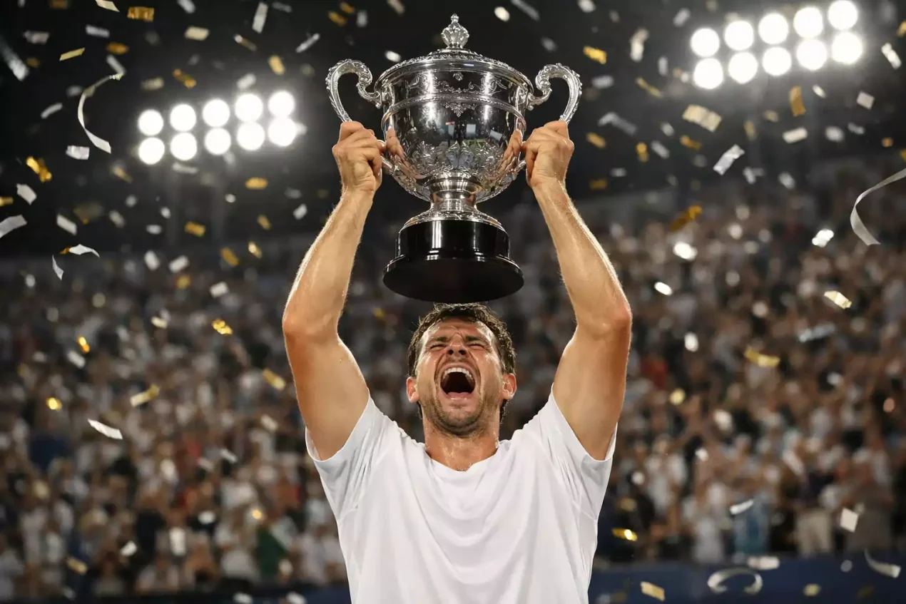 Tennisspieler hebt Pokal auf dem Centre Court eines Grand-Slam-Turniers