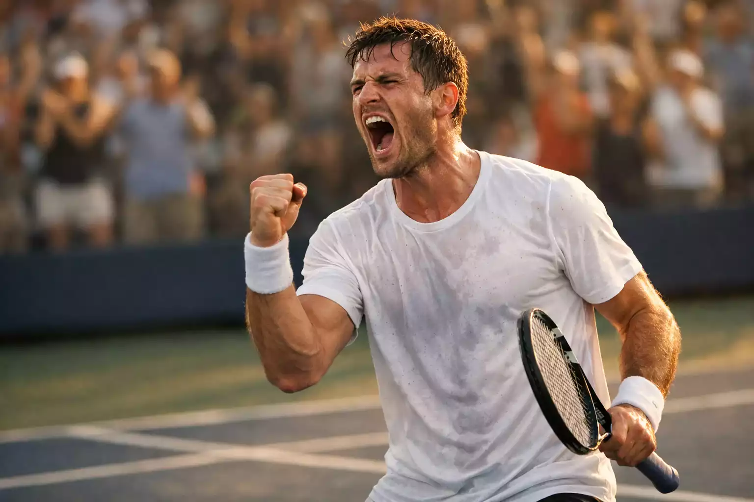 Tennisspieler feiert emotionalen Punktgewinn im fünften Satz eines Grand-Slam-Matches