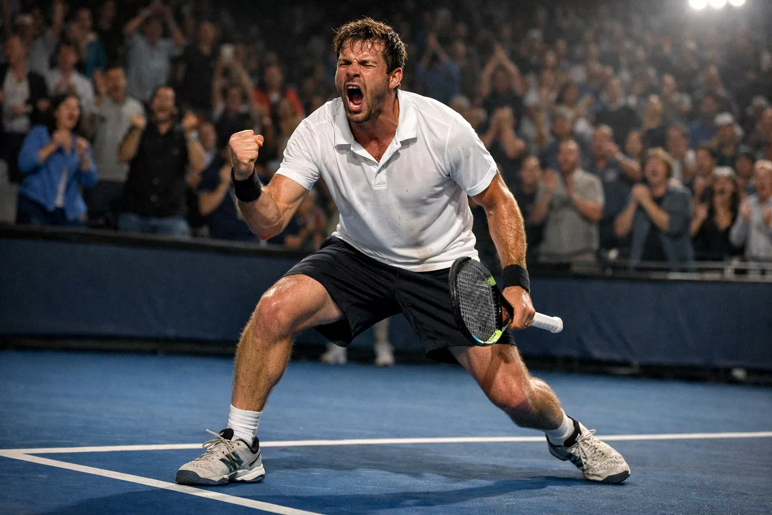 Tennisspieler zeigt kämpferische Geste nach einem überraschenden Punktgewinn