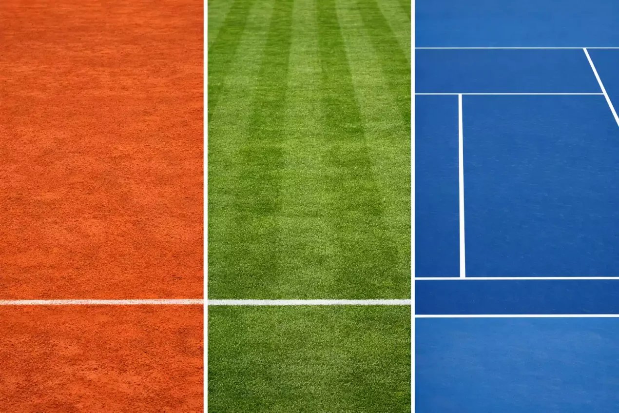 Geteiltes Bild zeigt drei Tennisbeläge: roter Sandplatz, grüner Rasen und blauer Hartplatz
