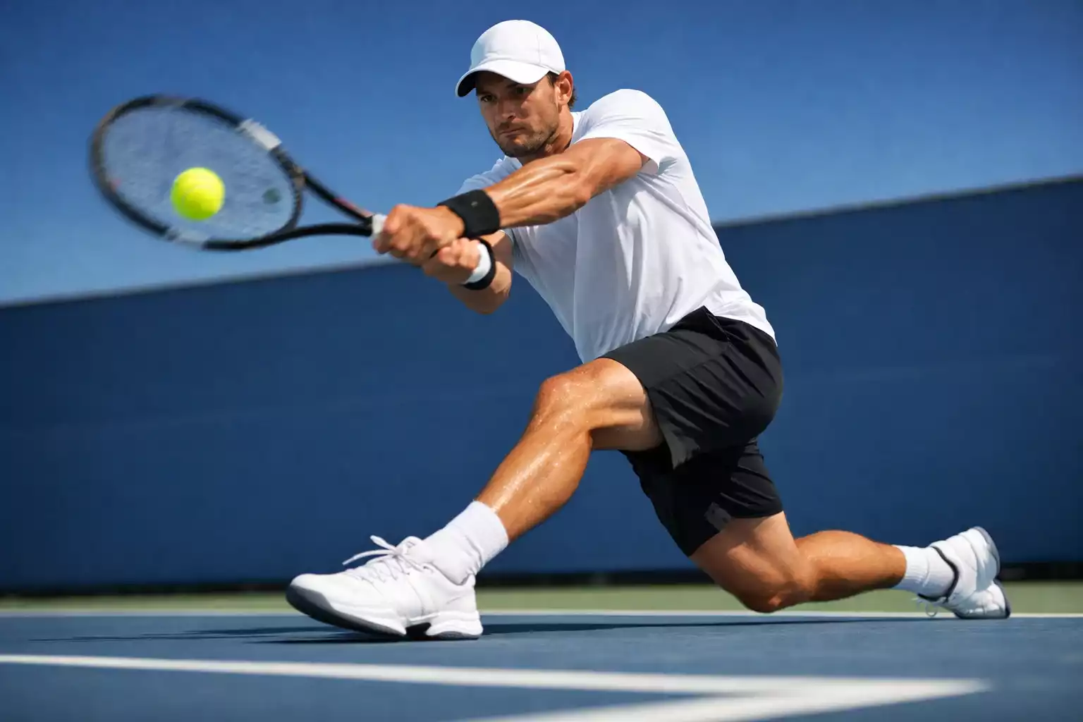 Returnspieler beim konzentrierten Rückschlag auf dem Tennisplatz