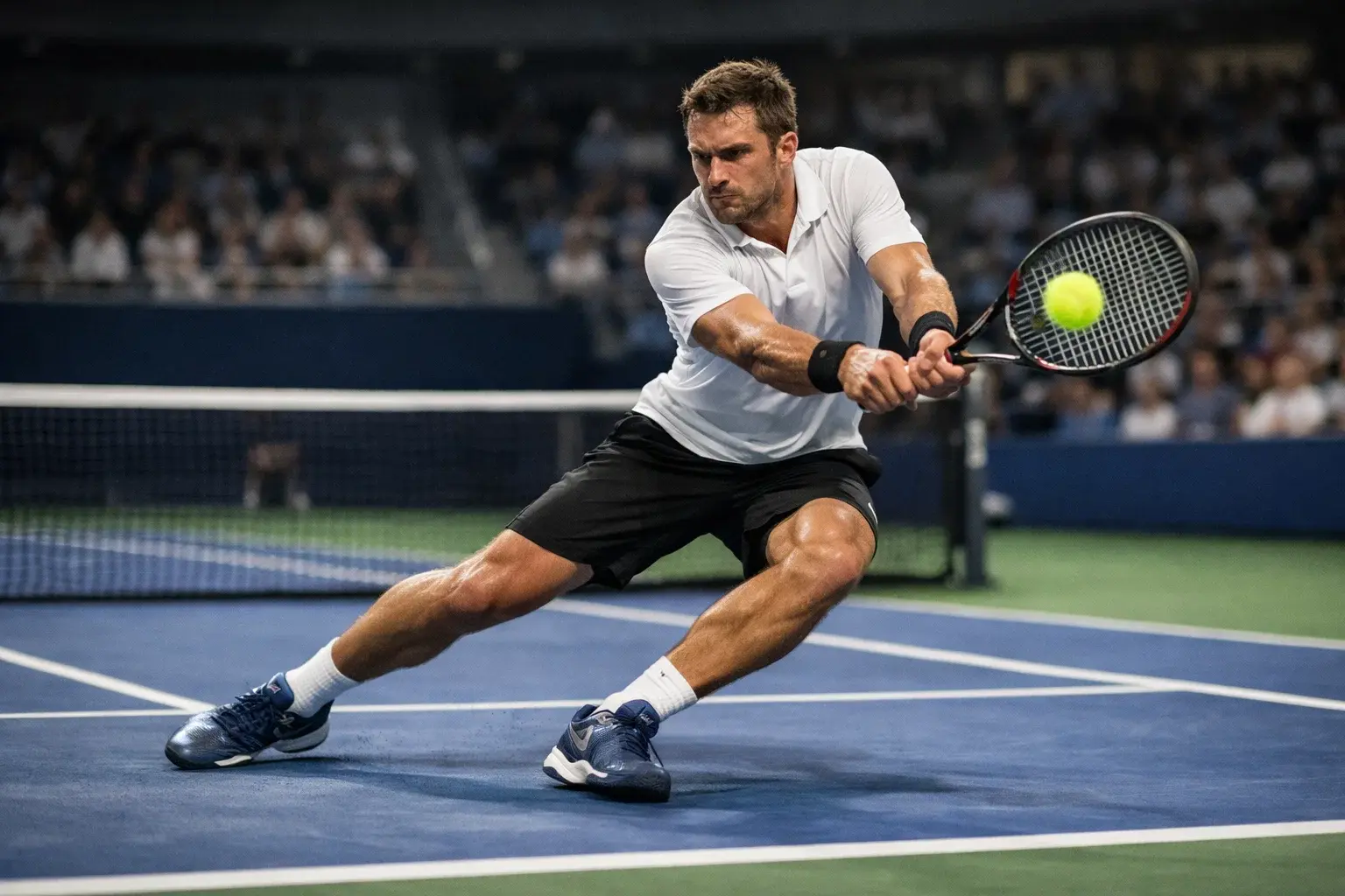 Tennisspieler beim kraftvollen Return am Spielfeldrand