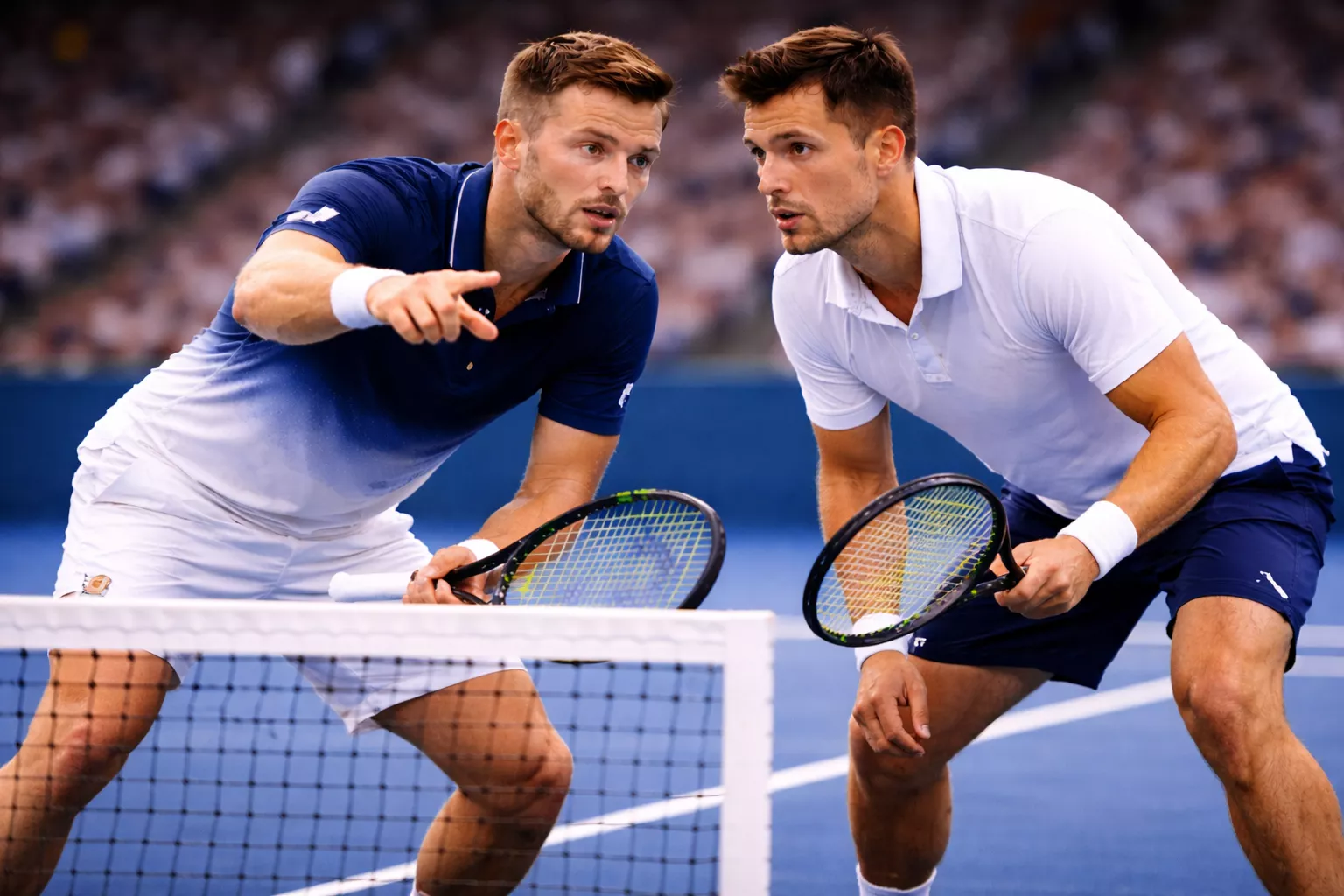 Tennis-Doppelpaar bei der Taktikbesprechung am Netz auf Hartplatz