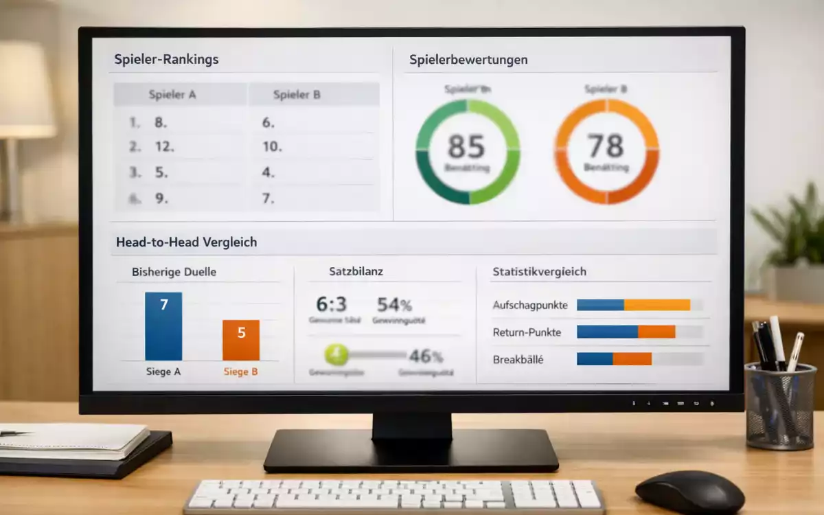 Bildschirm zeigt Tennis-Statistiken und Spielervergleich mit Ranglisten