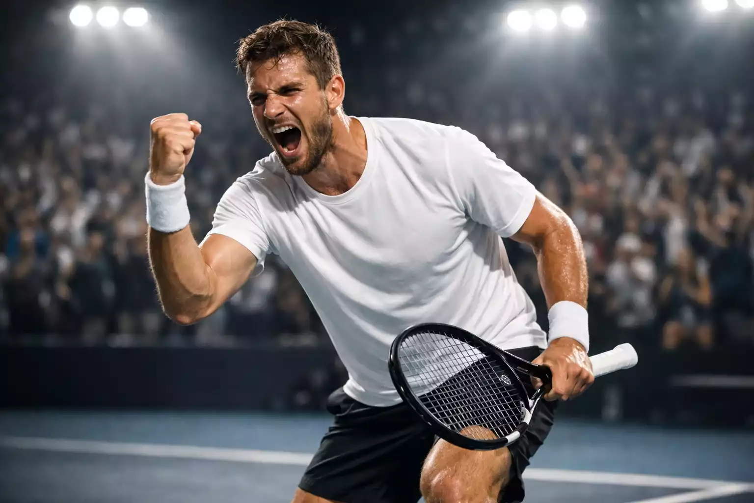 Tennisspieler feiert Punktgewinn mit geballter Faust auf dem Platz