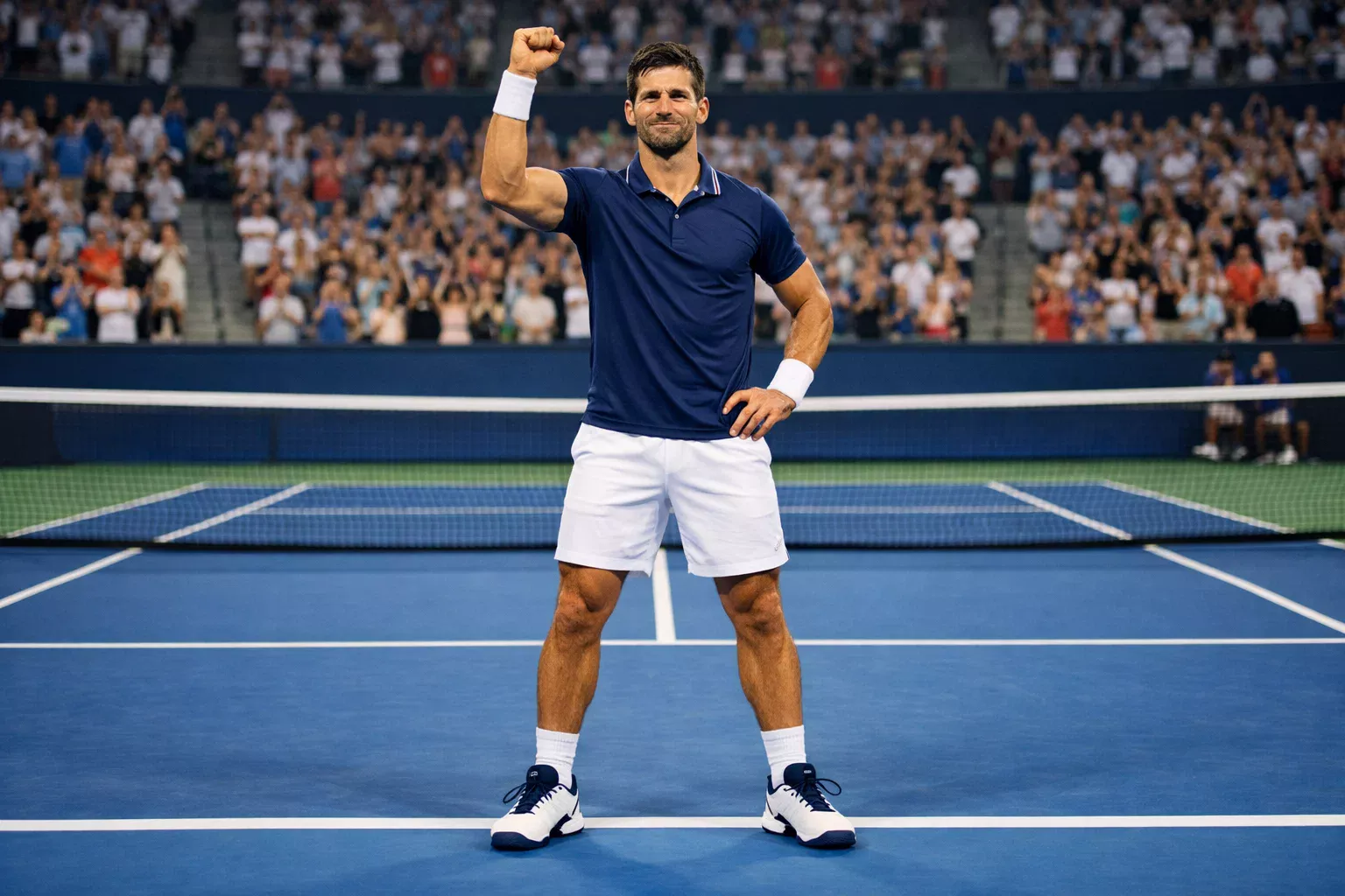 Dominanter Tennisspieler feiert seinen Sieg auf dem Court