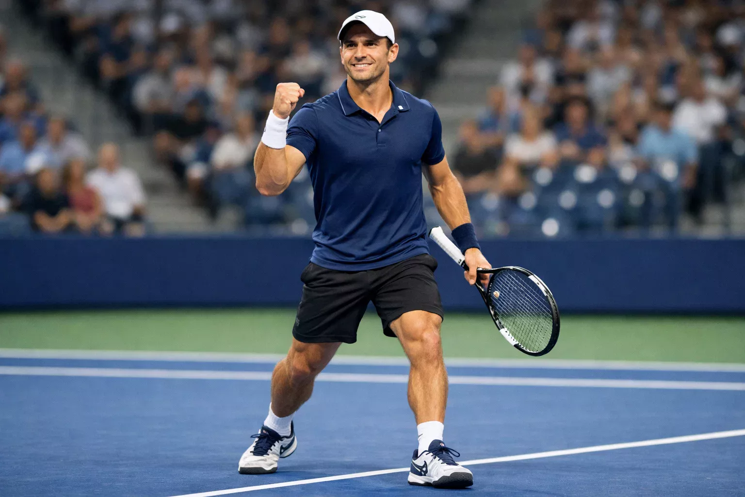Tennisspieler zeigt positive Körpersprache nach gewonnenem Punkt