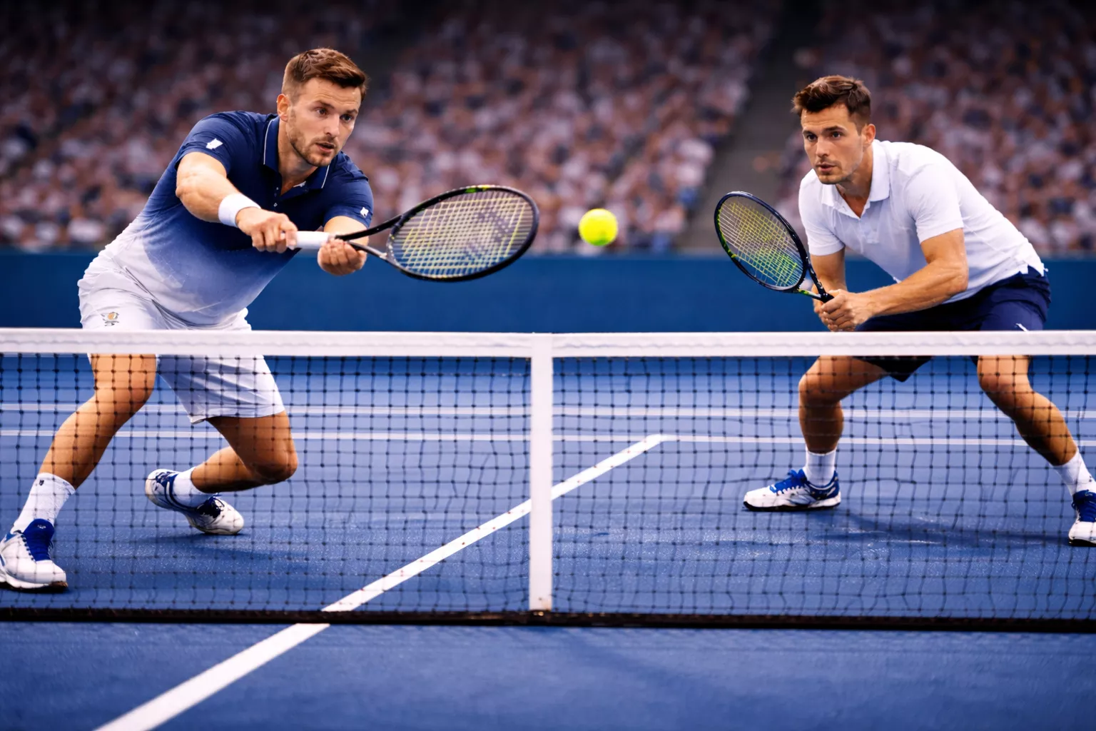 Intensives Tennismatch zwischen zwei Spielern am Netz auf Hartplatz
