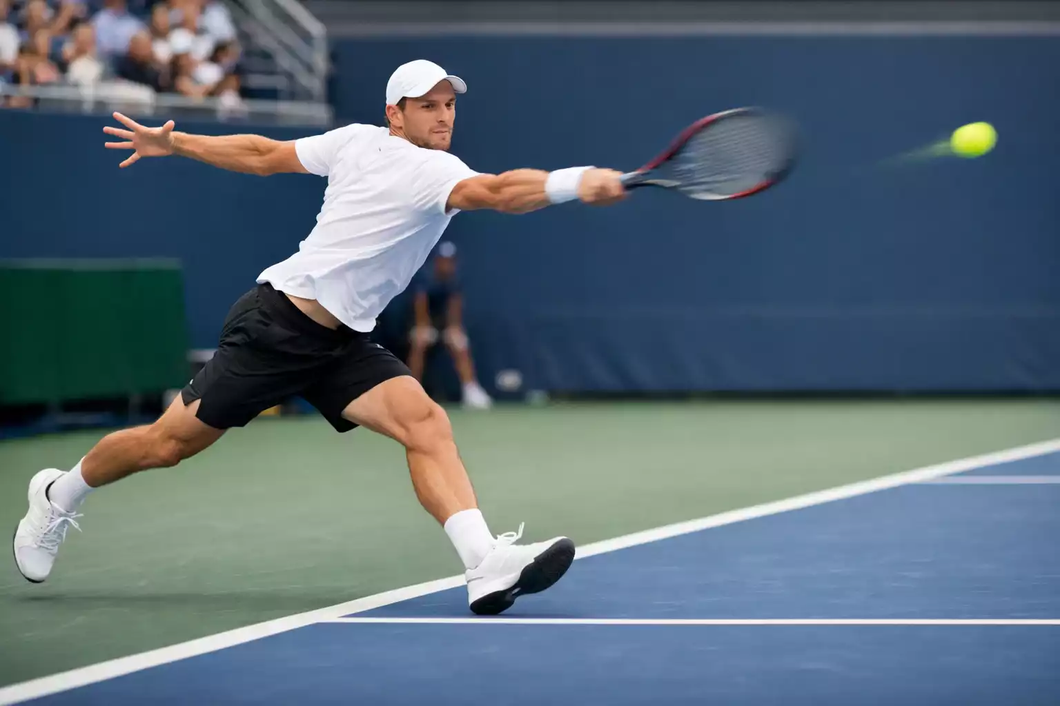 Tennisspieler dominiert mit kraftvollem Vorhandschlag