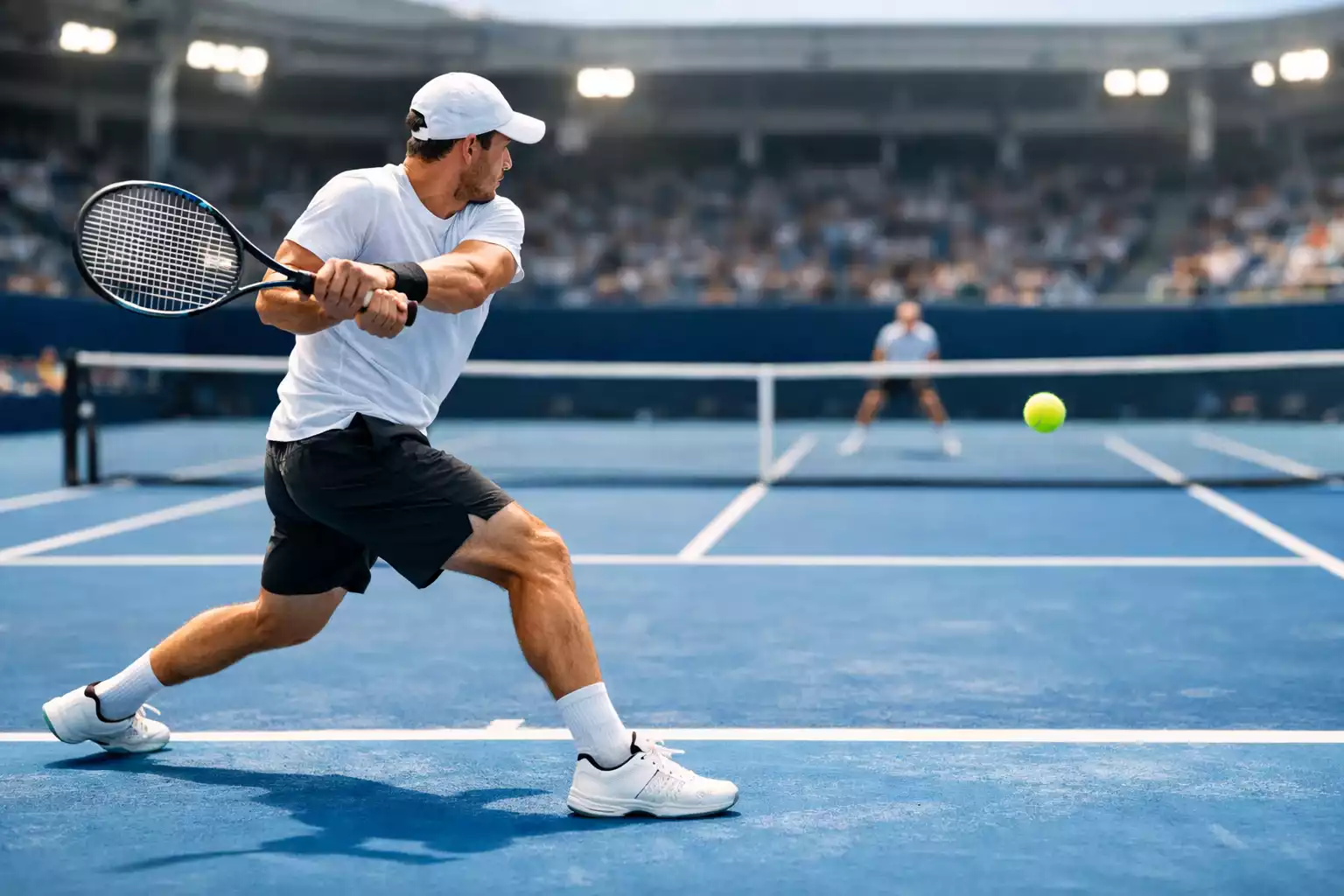 Tennisspieler beim aggressiven Grundlinienschlag auf blauem Hartplatz