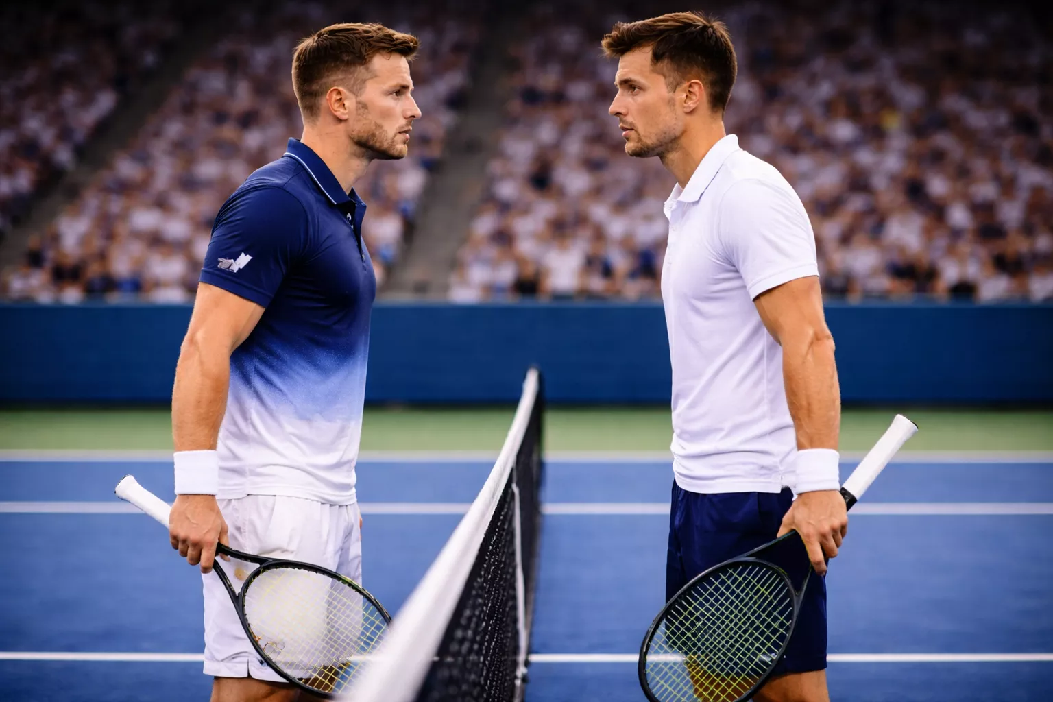 Zwei Tennisspieler stehen sich am Netz gegenüber vor dem Match