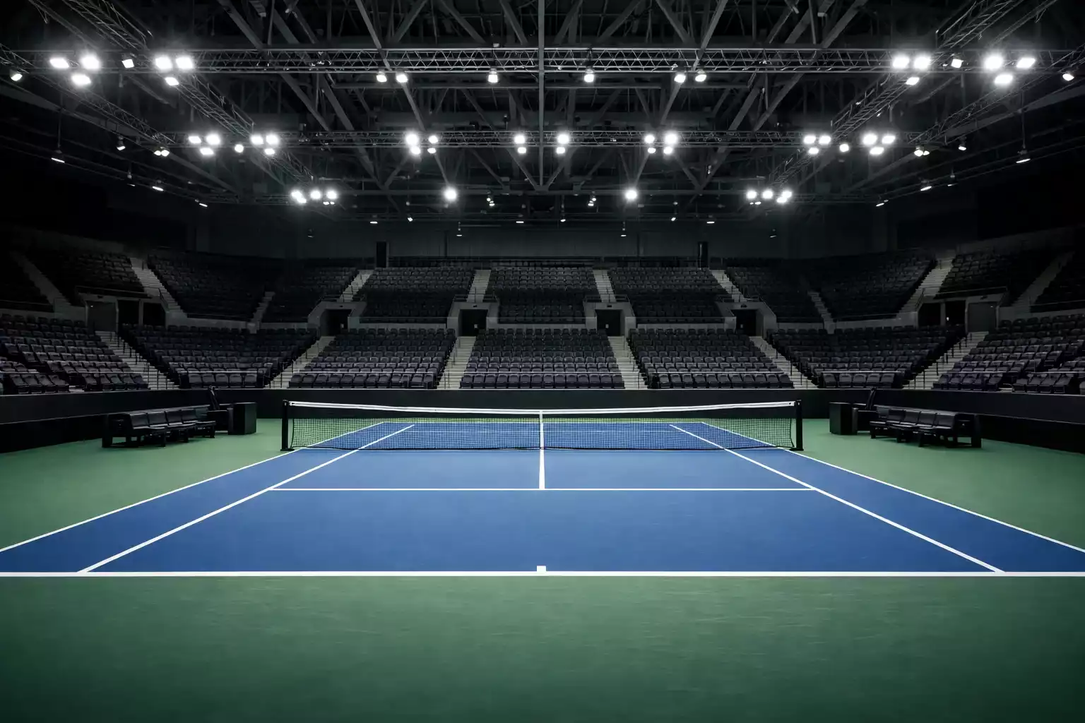 Tennishalle mit Hartplatz während eines Profiturniers unter Flutlicht