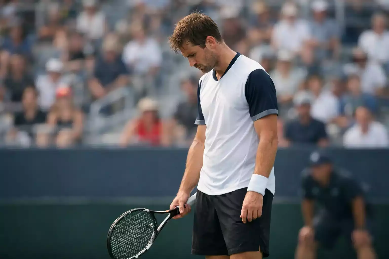 Tennisspieler zeigt frustrierte Körpersprache zwischen zwei Punkten