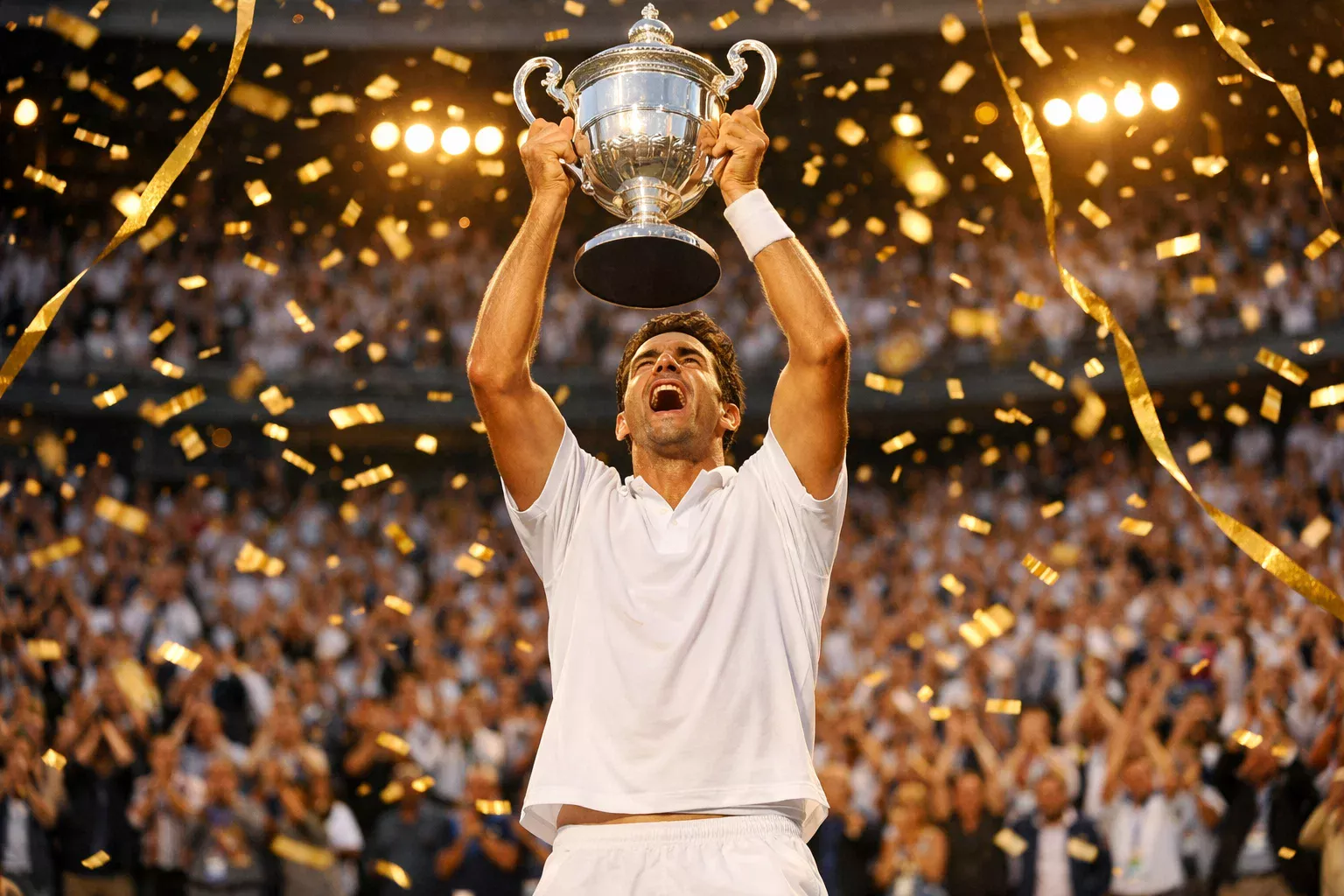 Tennisspieler hebt die Grand-Slam-Trophäe vor jubelnden Zuschauern