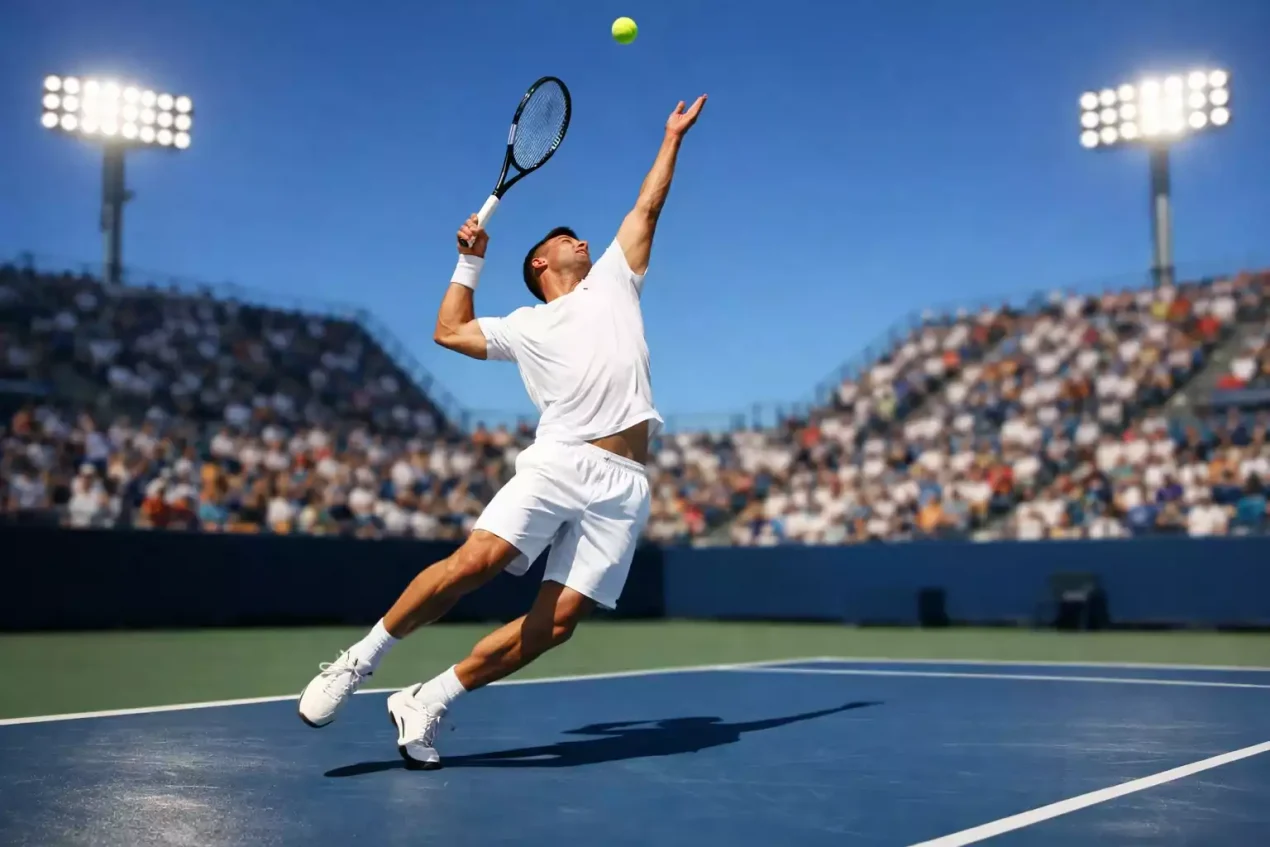 Tennisspieler hebt Pokal auf dem Centre Court eines Grand-Slam-Turniers