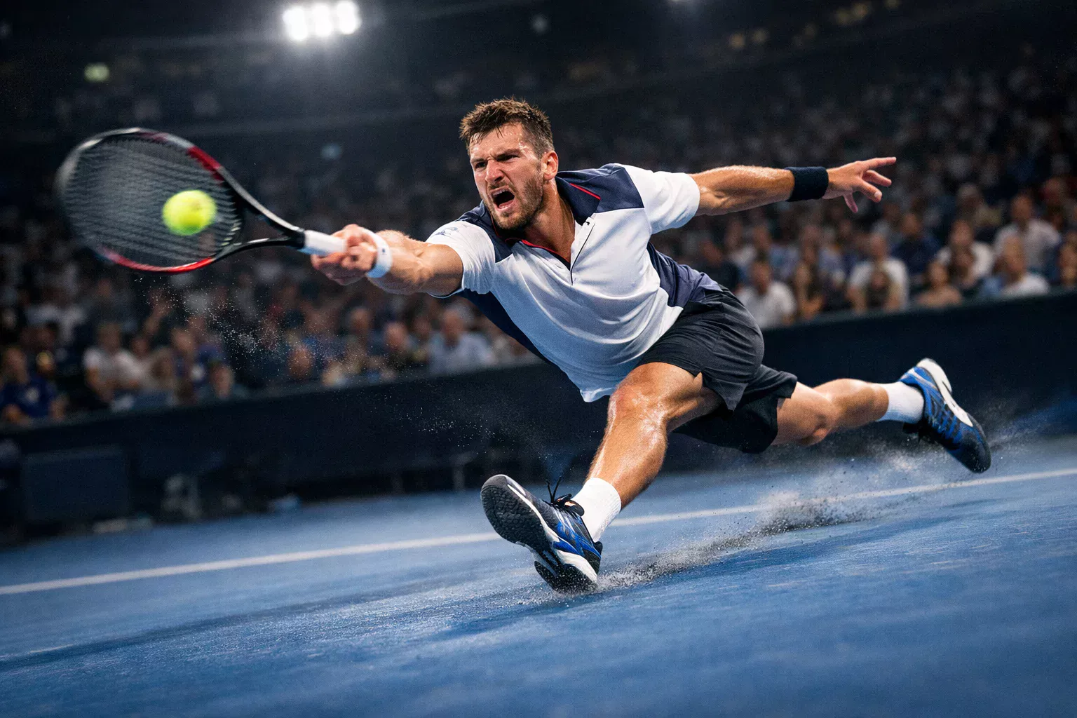 Intensiver Tennismoment während des Matches mit Spieler in Aktion