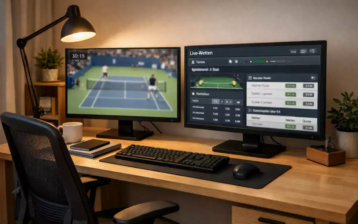 Desktop-Arbeitsplatz mit mehreren Monitoren für Tennisübertragung und Wettplattform