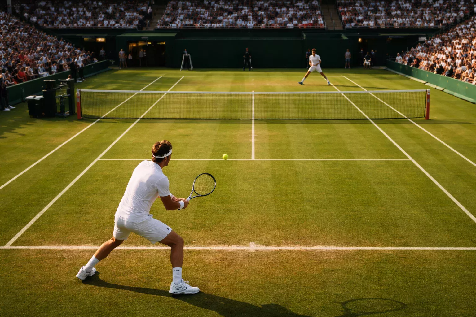 Tennisspieler im Grundlinienduell auf dem Rasenplatz bei Wimbledon