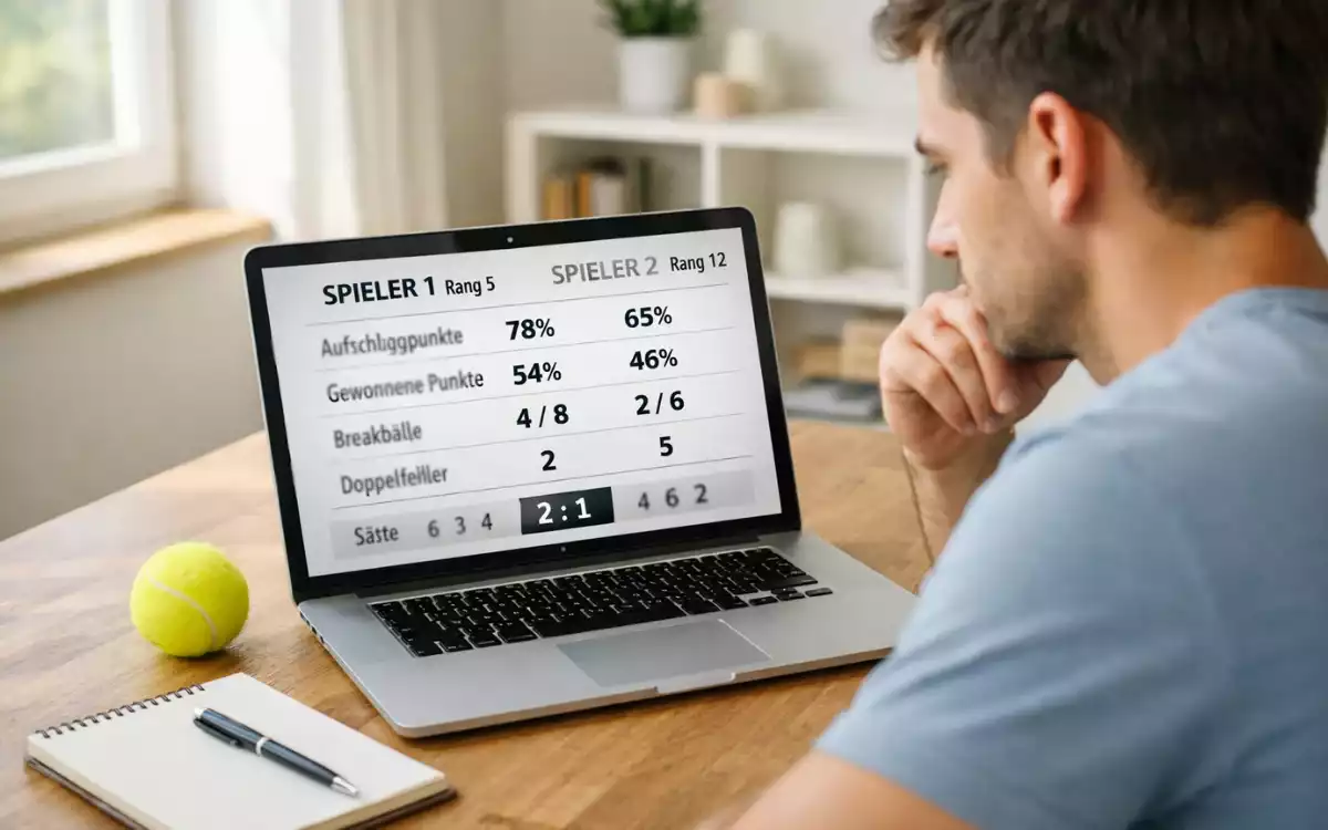 Person analysiert Tennisstatistiken auf Laptop mit Notizblock
