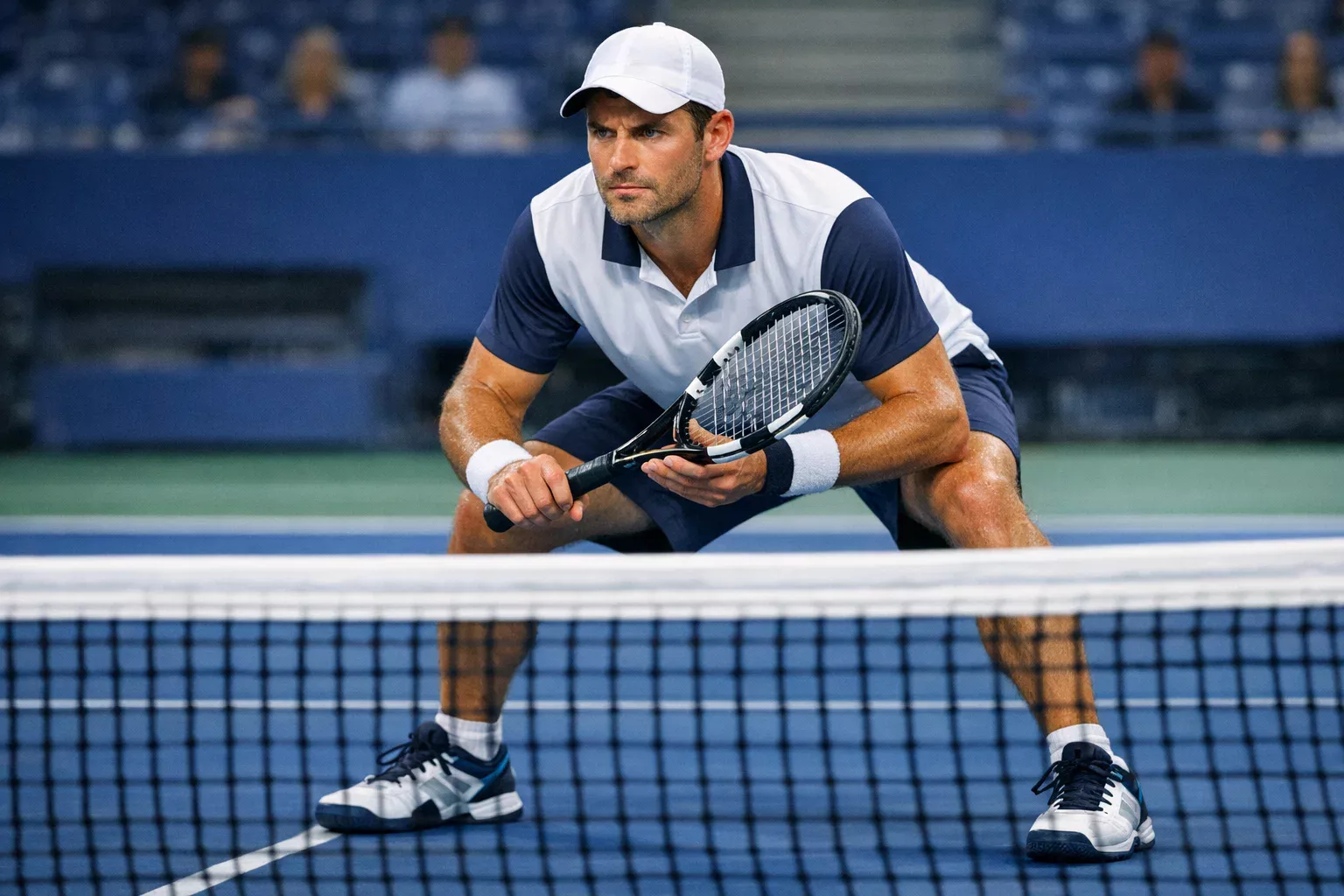 Tennisspieler am Netz in strategischer Position mit Blick auf den Gegner