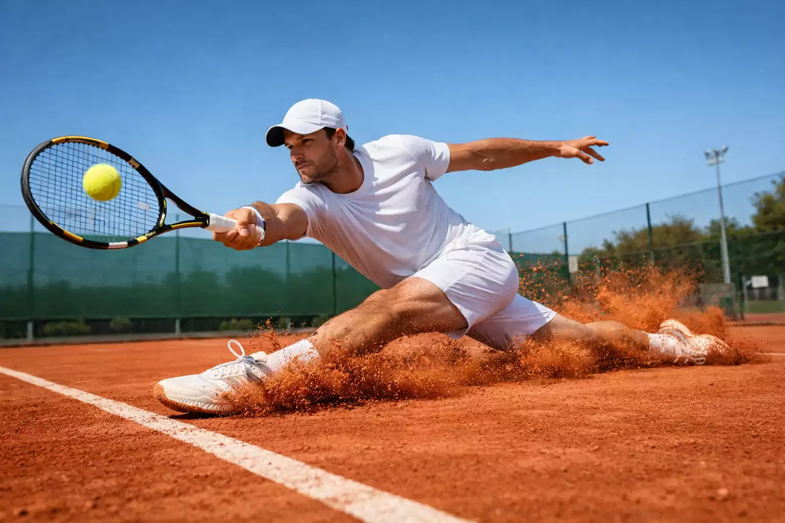 Tennisspieler rutscht auf rotem Sandplatz in einen Vorhandschlag