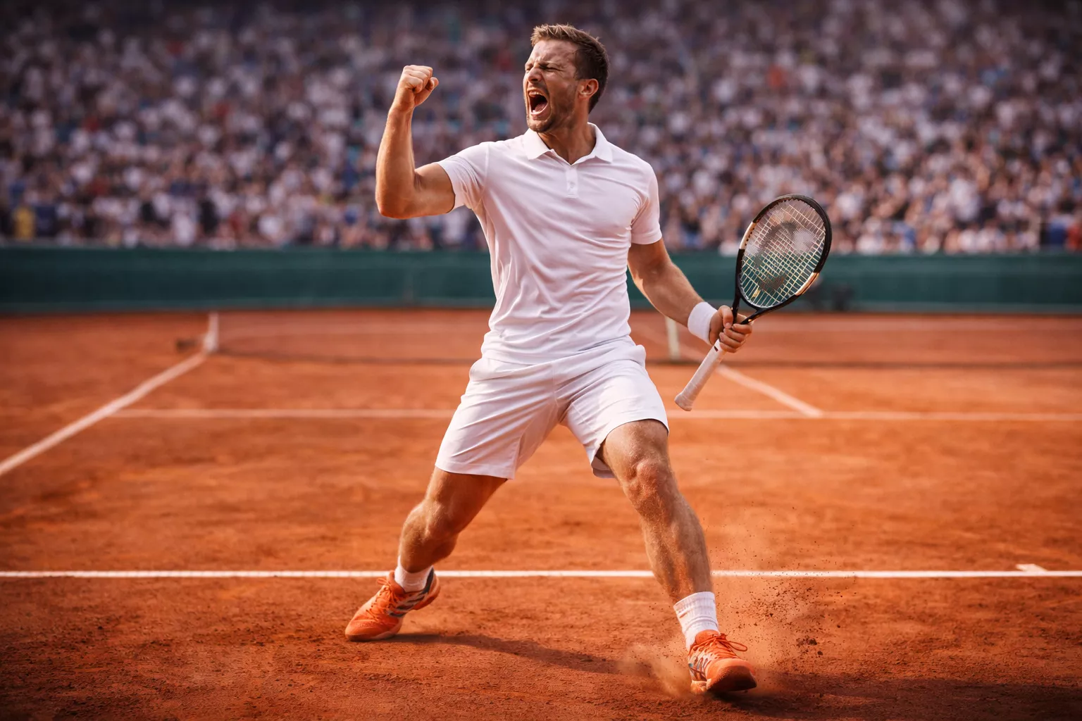 Tennisspieler feiert einen gewonnenen Satz auf dem Sandplatz