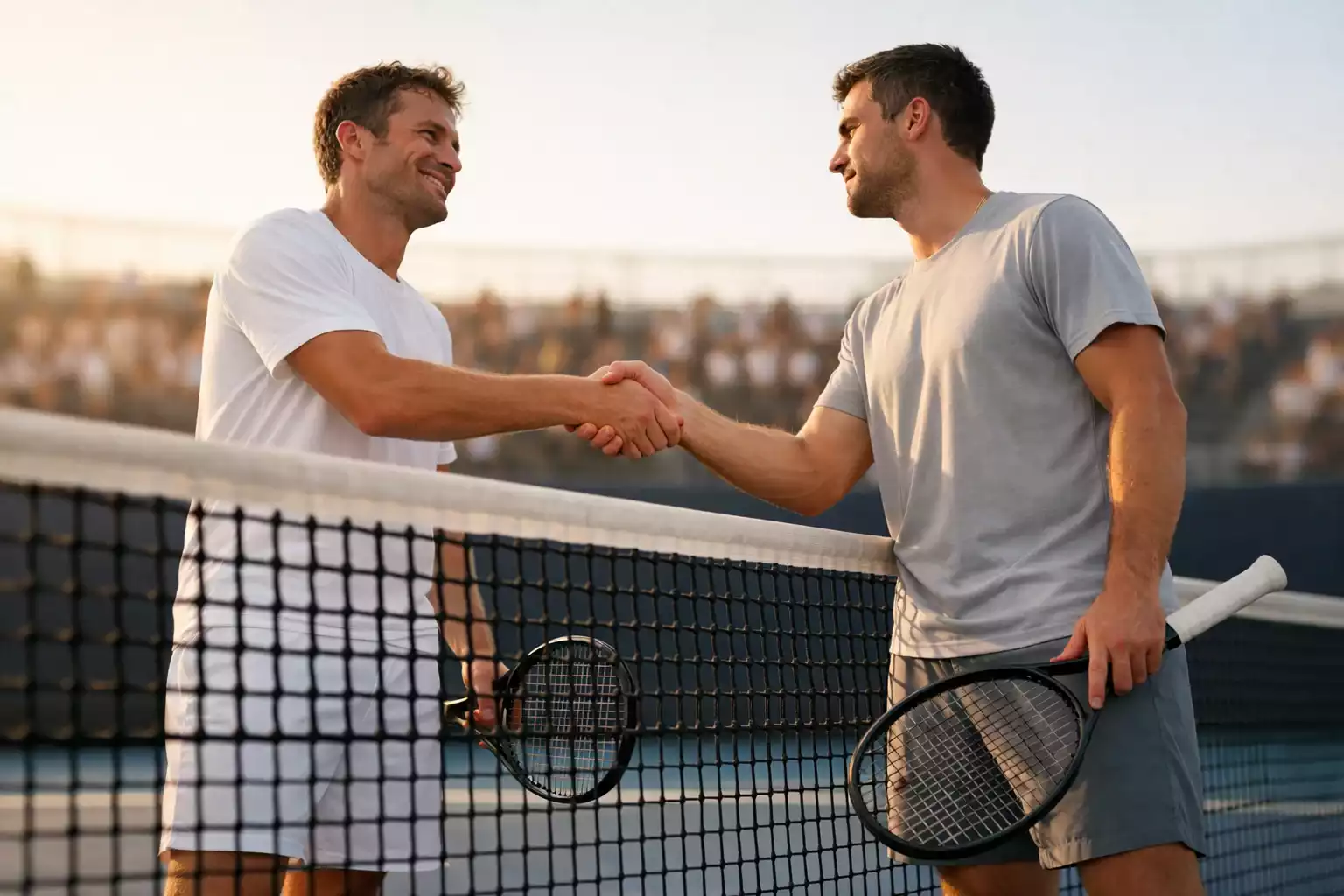 Zwei Tennisspieler beim Handschlag am Netz nach dem Match