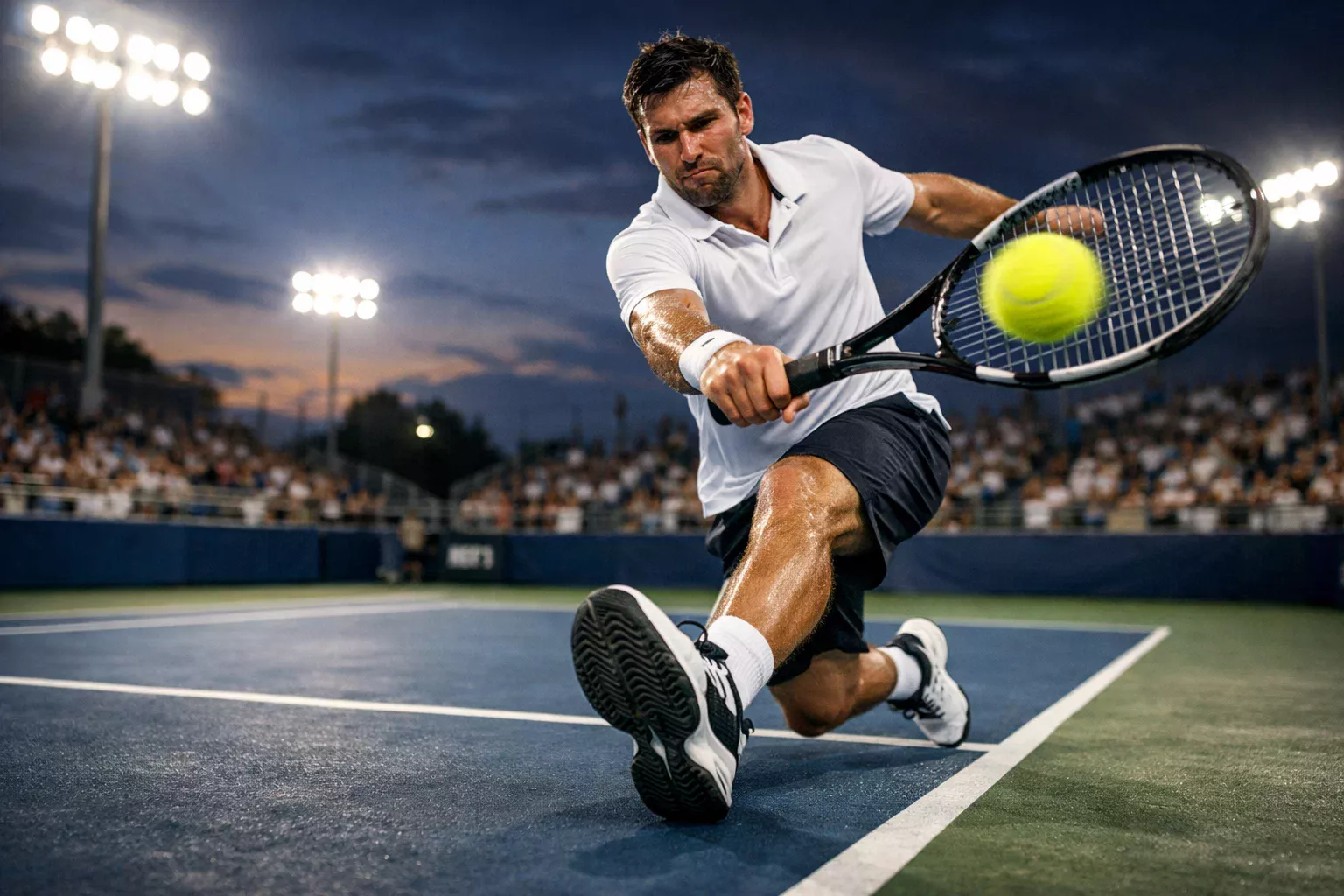 Tennisspieler beim kraftvollen Aufschlag auf dem Hartplatz unter Flutlicht