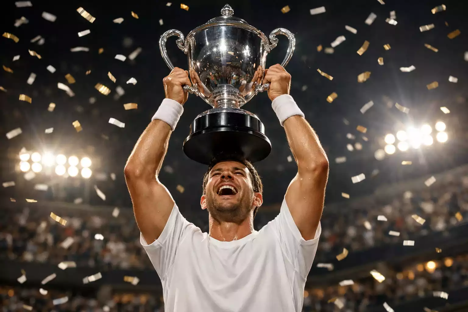 Tennisspieler hebt Pokal in die Höhe nach Turniersieg