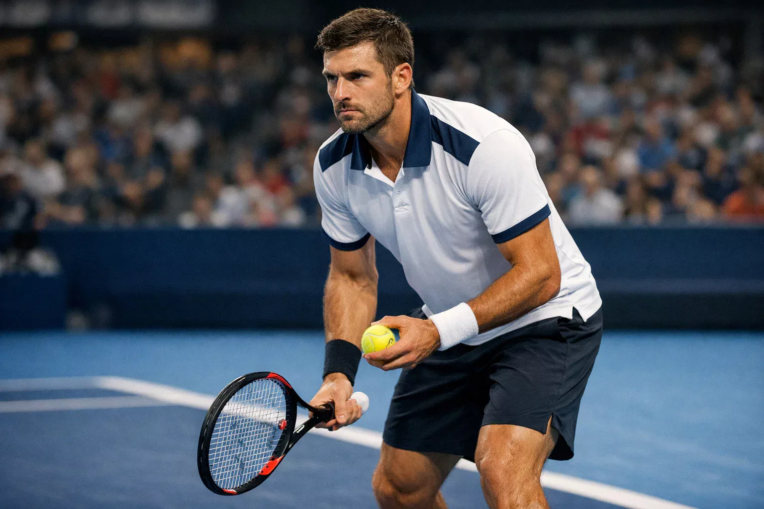 Tennisspieler analysiert konzentriert das Spielfeld vor dem Aufschlag