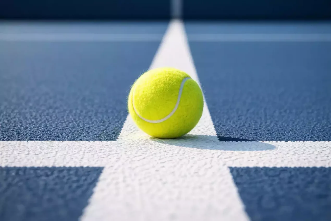 Nahaufnahme eines Tennisballs auf der Linie eines Hartplatzes