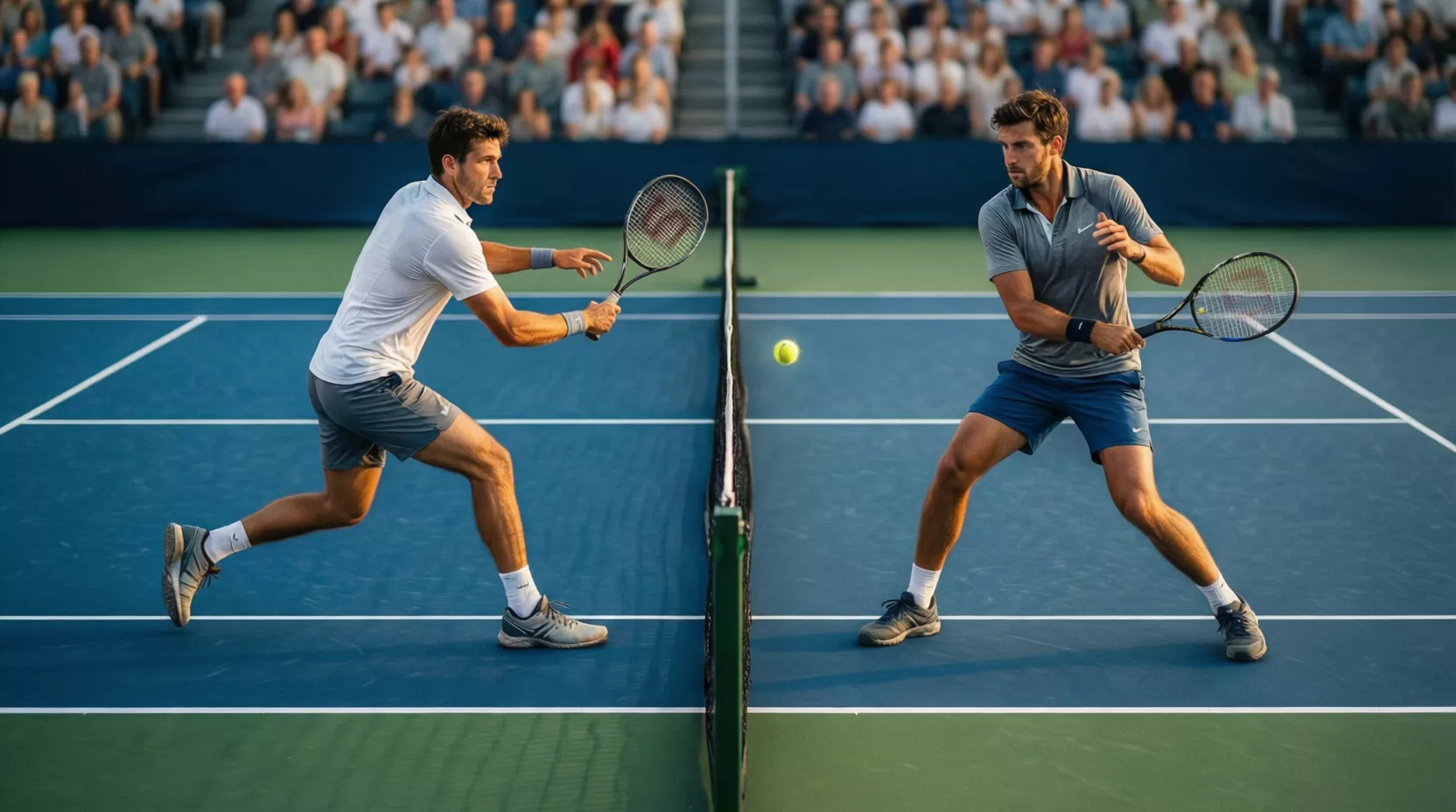Tennisspieler beim Grundlinienduell auf blauem Hartplatz