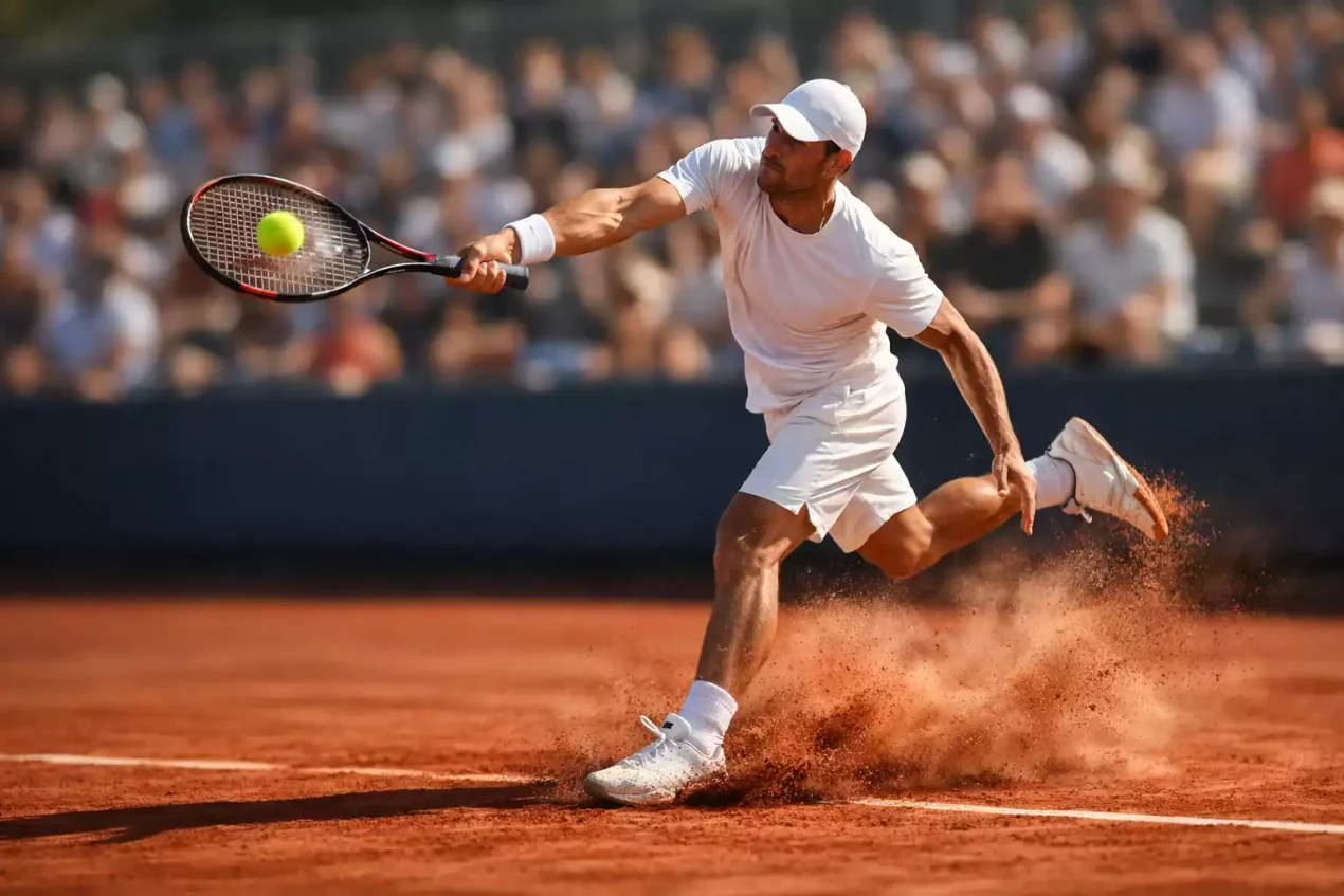 Tennisspieler beim Aufschlag auf professionellem Sandplatz bei einem Turnier
