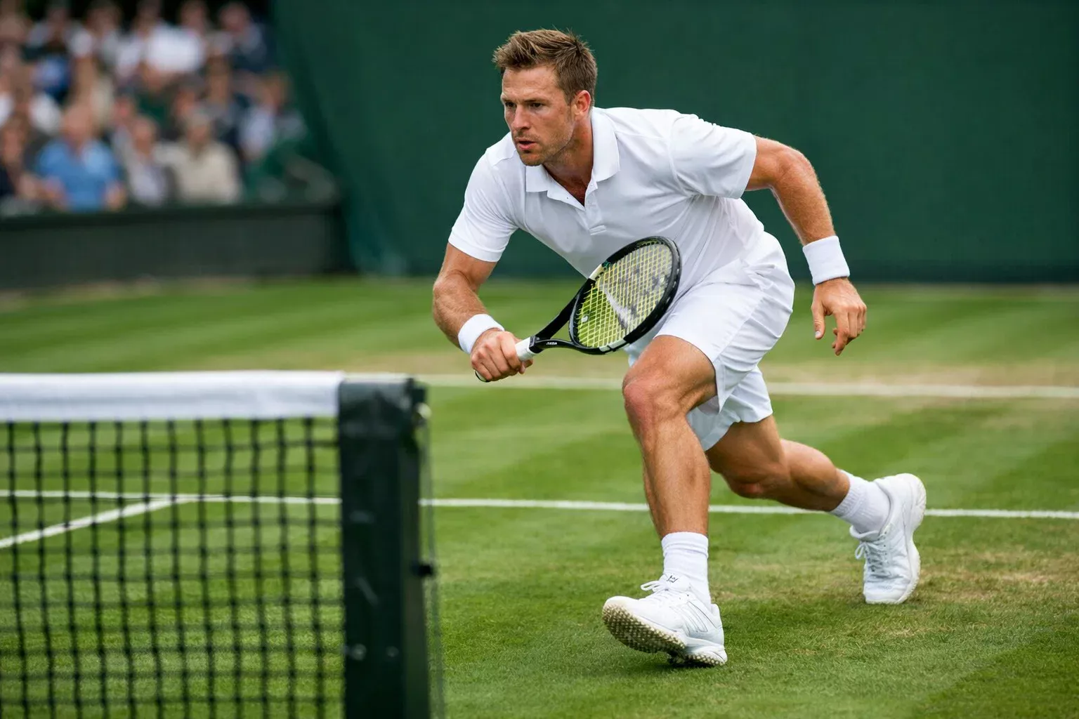 Tennisspieler beim Serve-and-Volley auf dem Rasenplatz