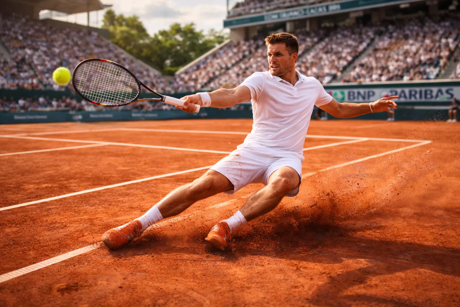 Tennisspieler rutscht auf dem roten Sandplatz zum Ball
