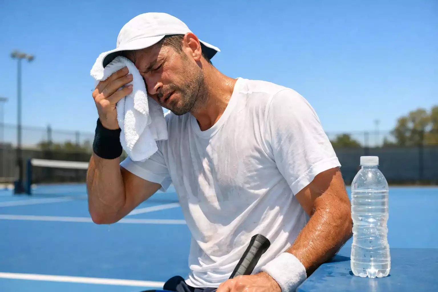 Tennisspieler wischt sich Schweiß von der Stirn bei heißem Wetter auf dem Platz