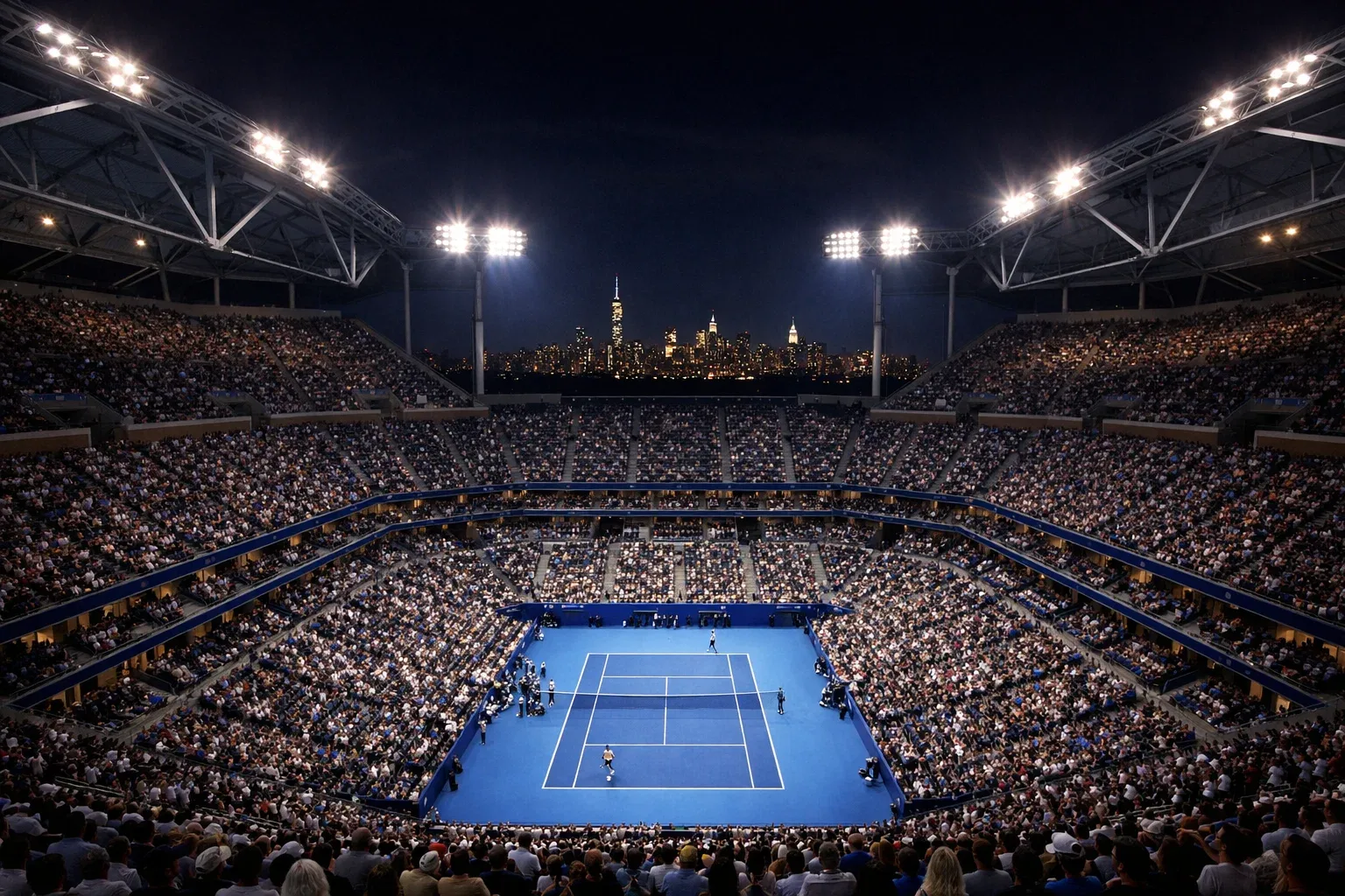 Arthur Ashe Stadium bei Nacht mit Flutlicht während der US Open