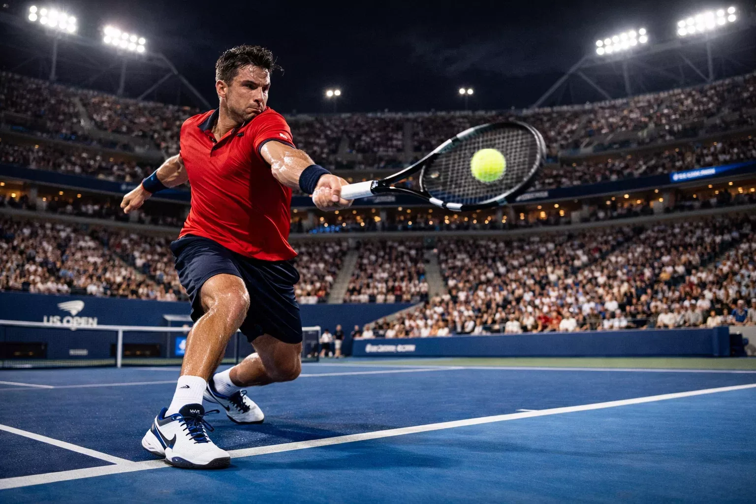 Tennisspieler bei den US Open unter Flutlicht im Arthur Ashe Stadium