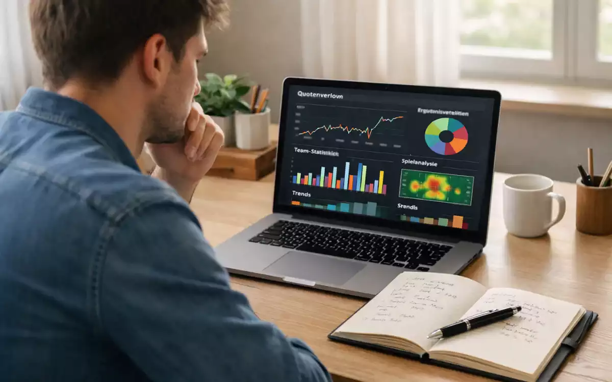 Person analysiert Tennisquoten auf Laptop mit Notizblock und Stift