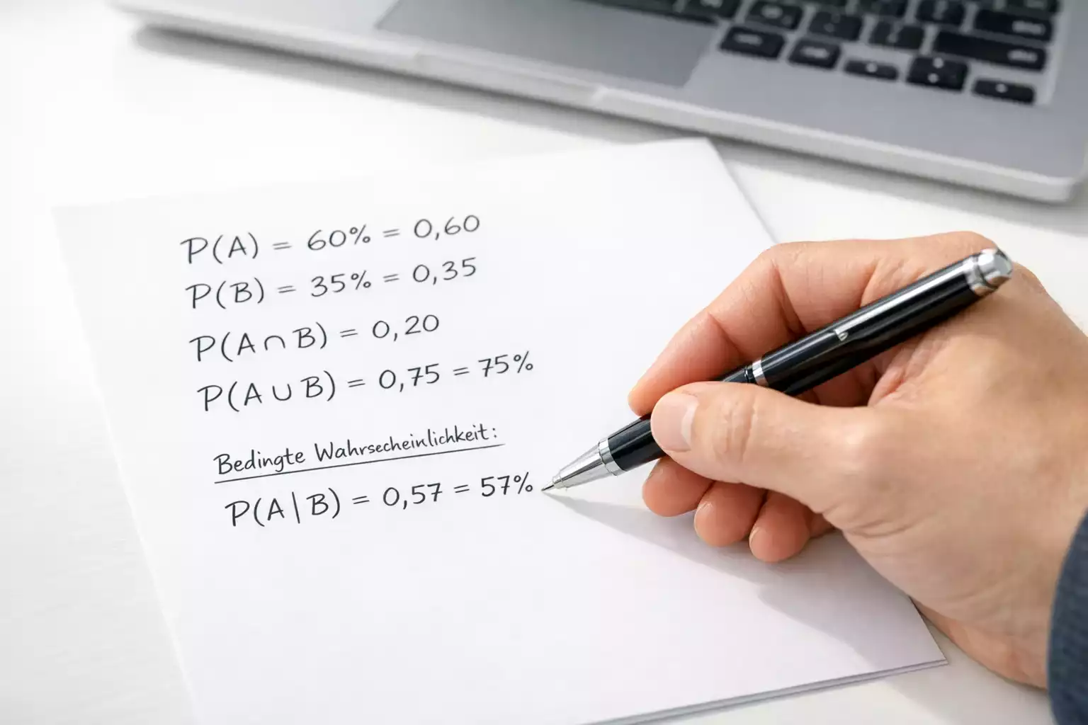 Hand schreibt mathematische Berechnungen auf Papier neben Laptop
