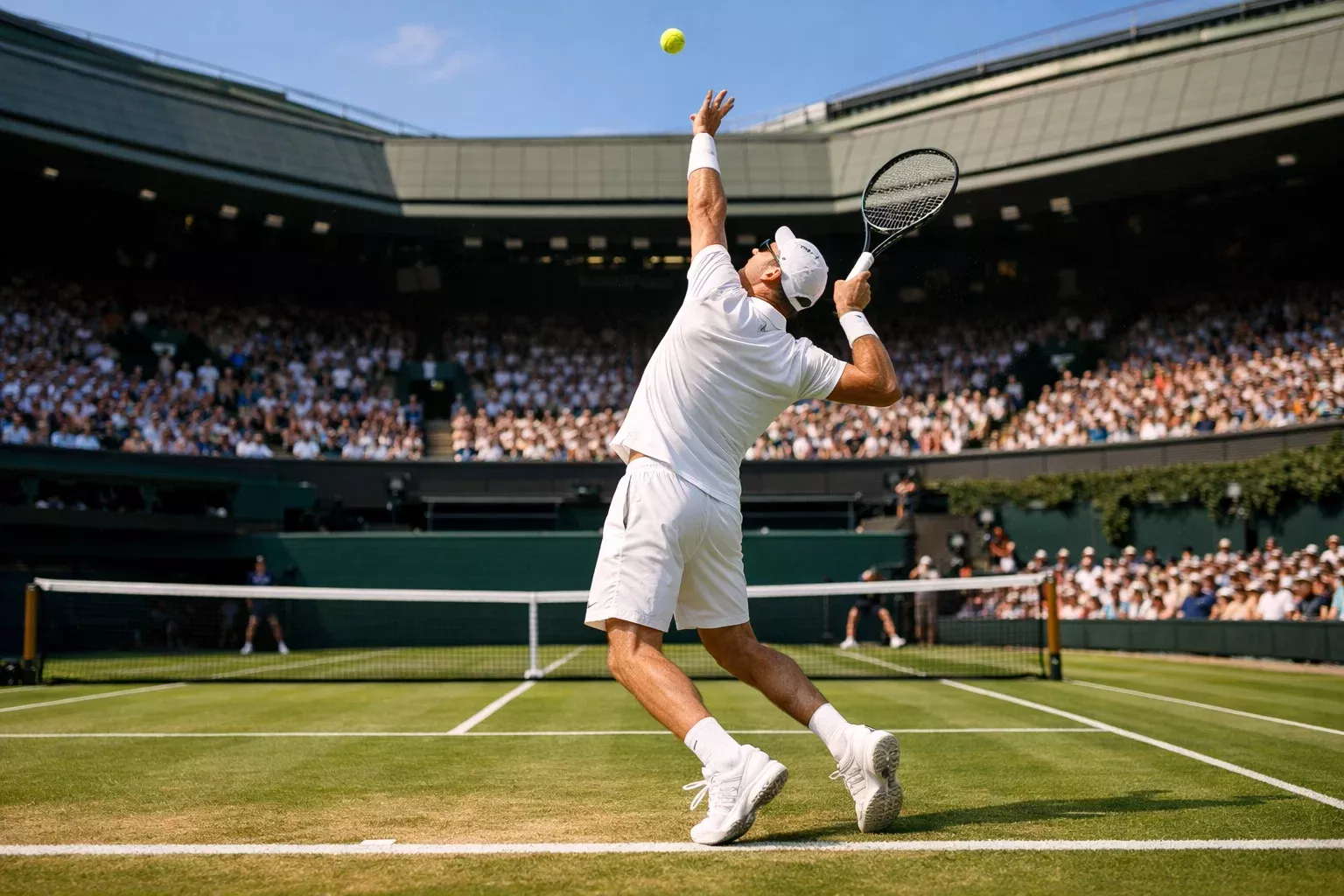 Tennisspieler beim Aufschlag auf dem grünen Rasen von Wimbledon