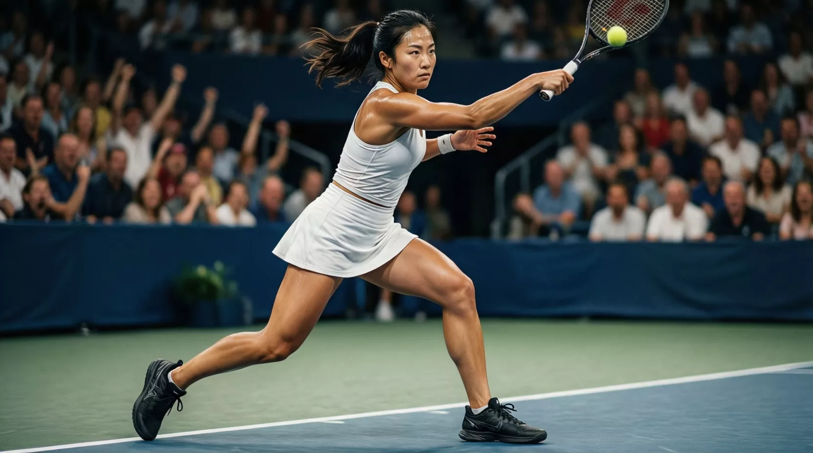 Professionelle Tennisspielerin bei einem kraftvollen Grundlinienschlag